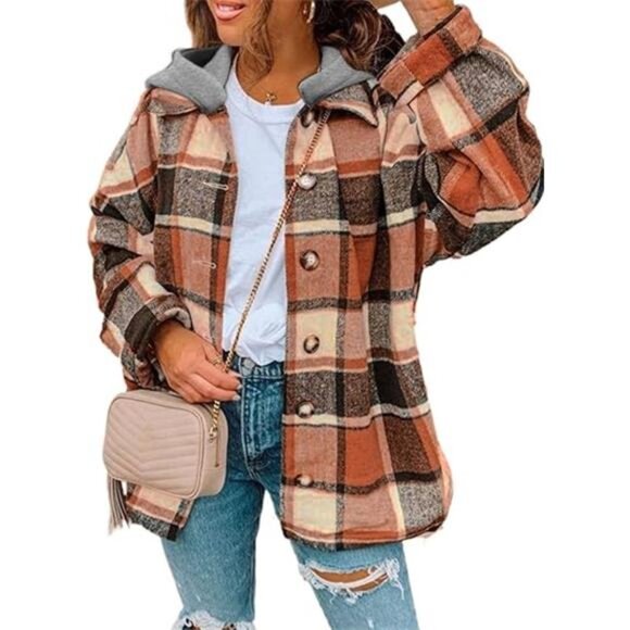 Women's Long Sleeve Button-Down Plaid Flannel Hooded Shacket Jacket - Picture 3 of 7